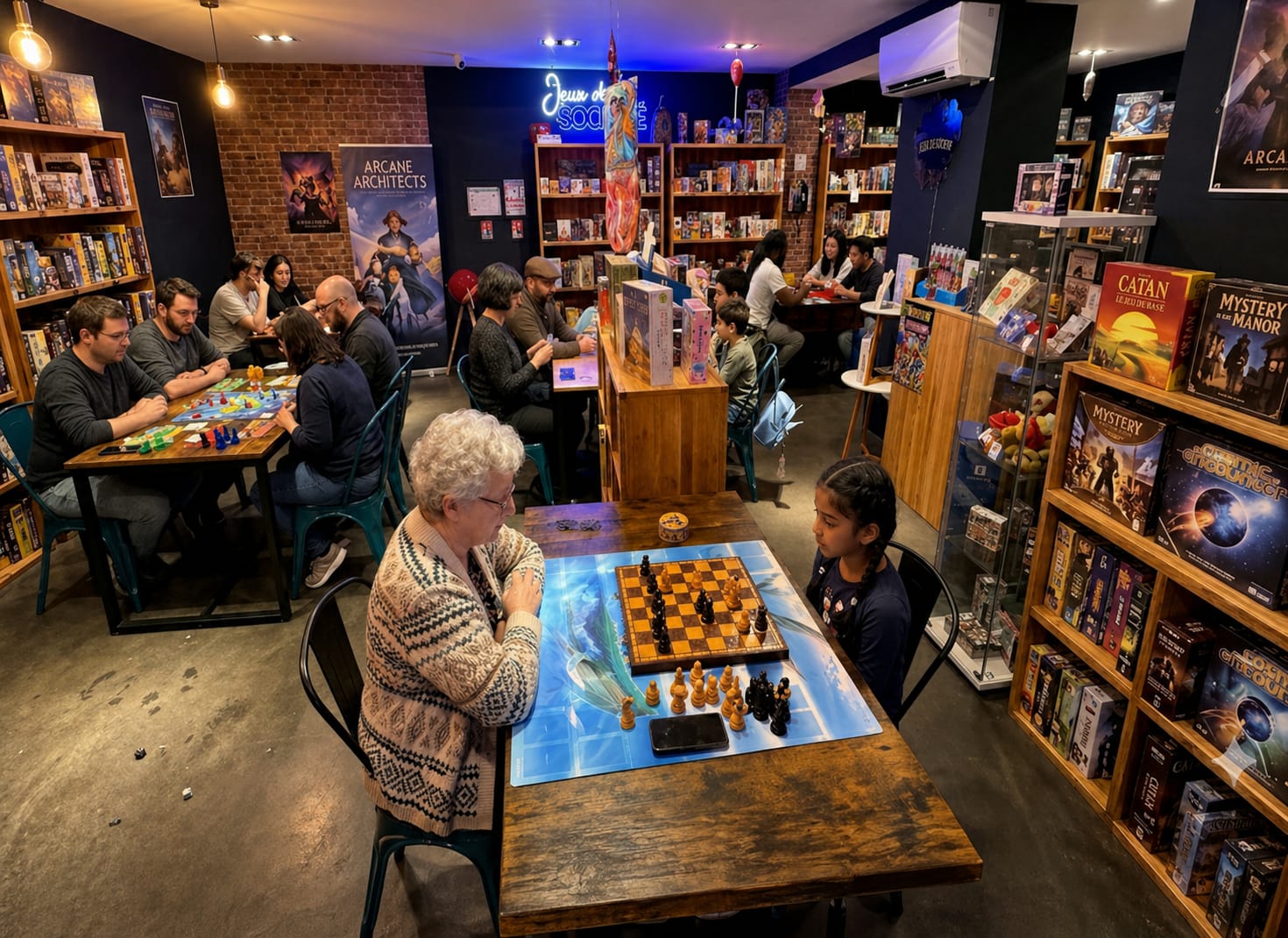 jeux de société Des clients attablés jouent à des jeux de société dans la salle du Geek Factory Mulhouse