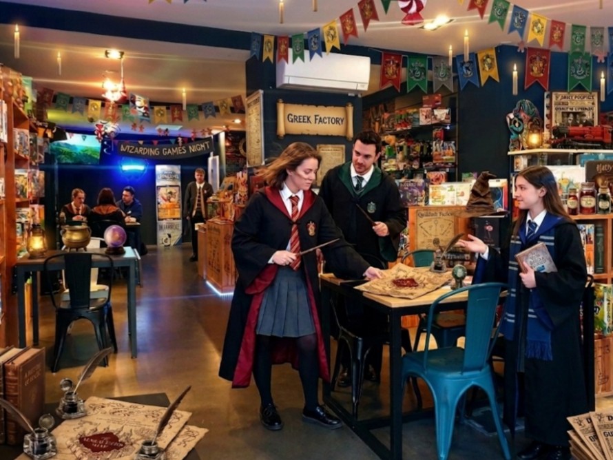 geek factory soirée thématique clients déguisés aux couleurs de Poudlard pour une soirée jeux de société sur la thématique de Harry Potter au Geek Factory Mulhouse